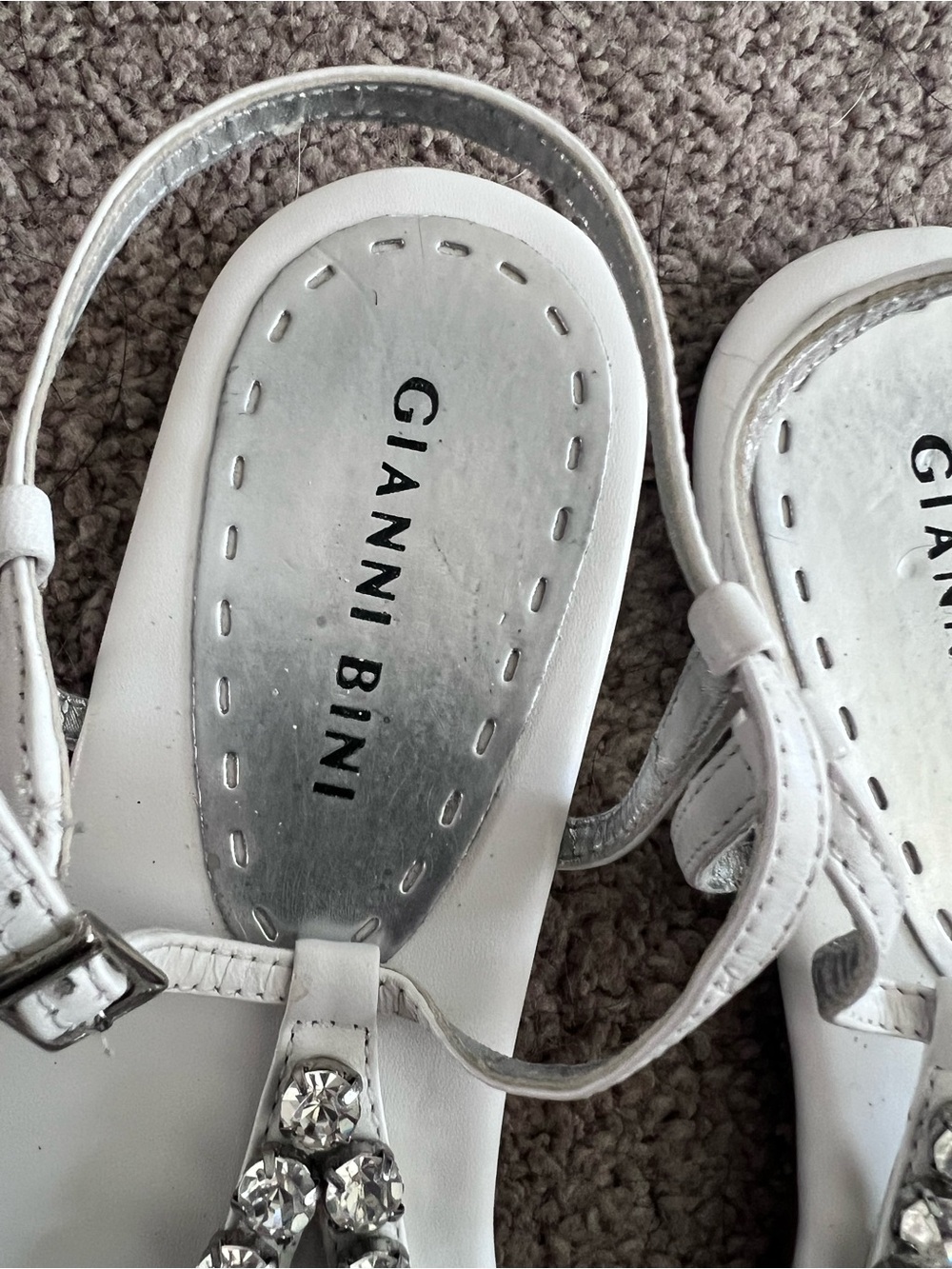 Gianni Bini White “Glitter” Rhinestone T-Strap Flat Sandals | Ankle Strap|9.5 - Picture 5 of 8